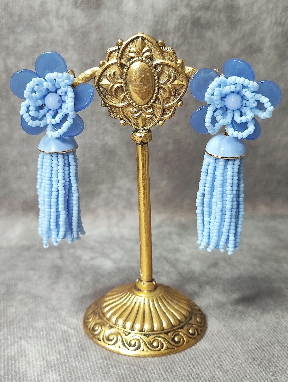 J. Crew Periwinkle Blue Enamel & Seed Bead Tassel Pierced Statement Earrings EUC